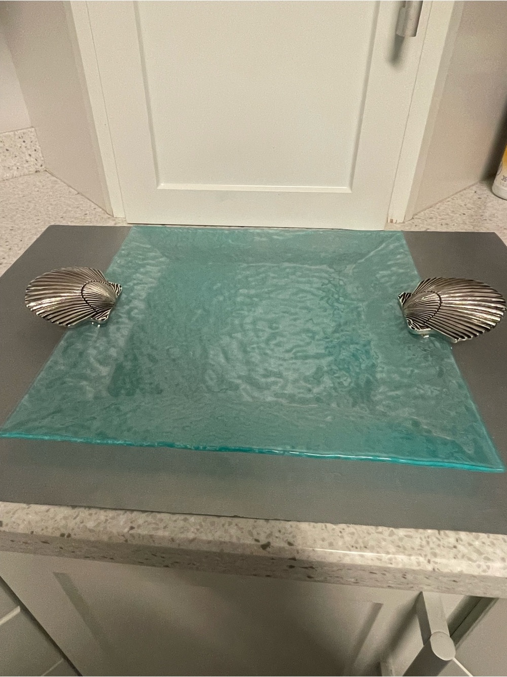 Murano Turquoise Glazier Glass Metal Sea Shell Handle Square Serving Platter 18”